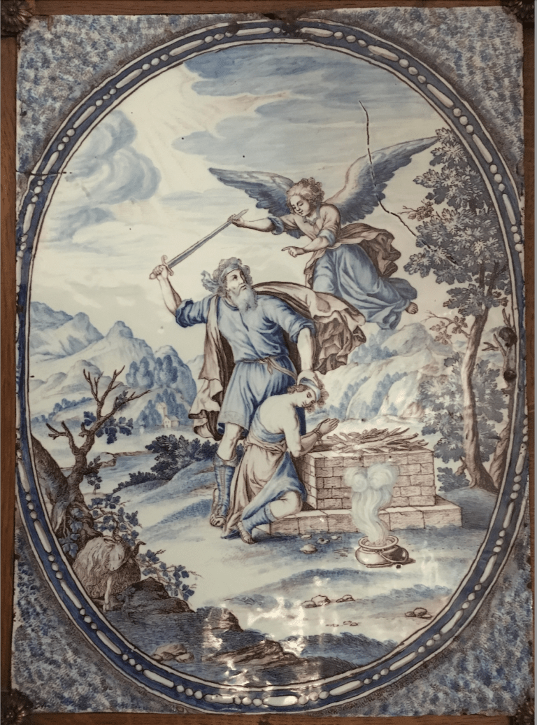 Grande plaque décorative, Le sacrifice d’Abraham, fabrique de Saint-Jean-du-Désert, grand feu en camaïeu bleu et de manganèse, Marseille, vers 1690 -1720, coll. Particulière, © mlb