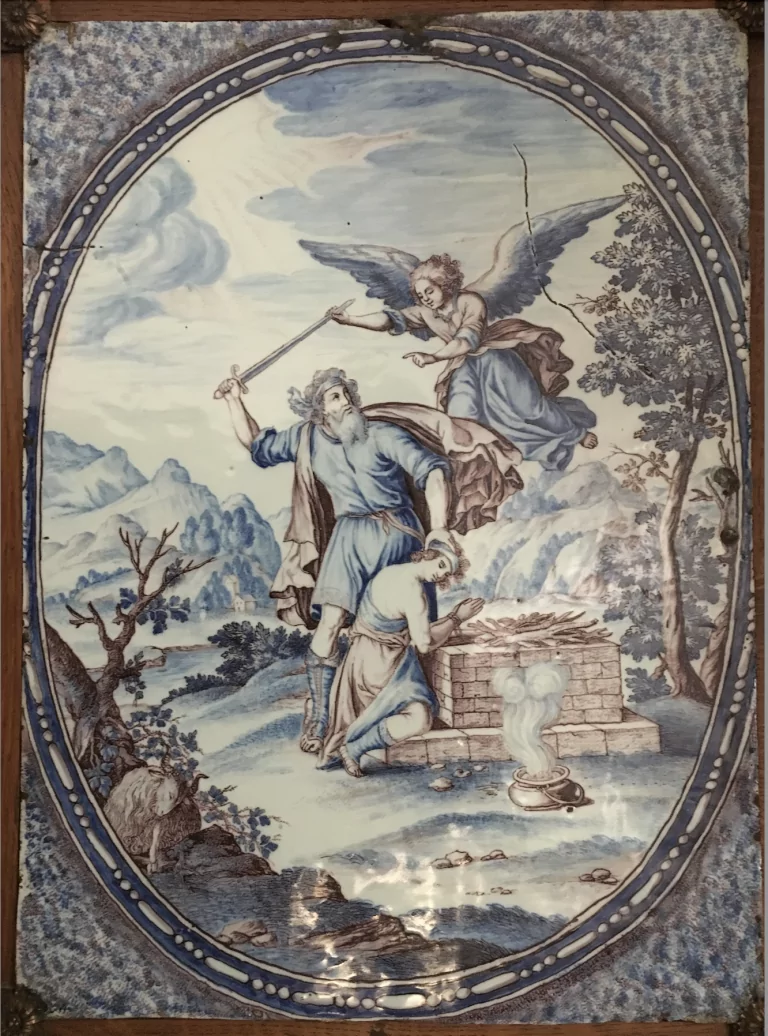 Grande plaque décorative, Le sacrifice d’Abraham, fabrique de Saint-Jean-du-Désert, grand feu en camaïeu bleu et de manganèse, Marseille, vers 1690 -1720, coll. Particulière, © mlb